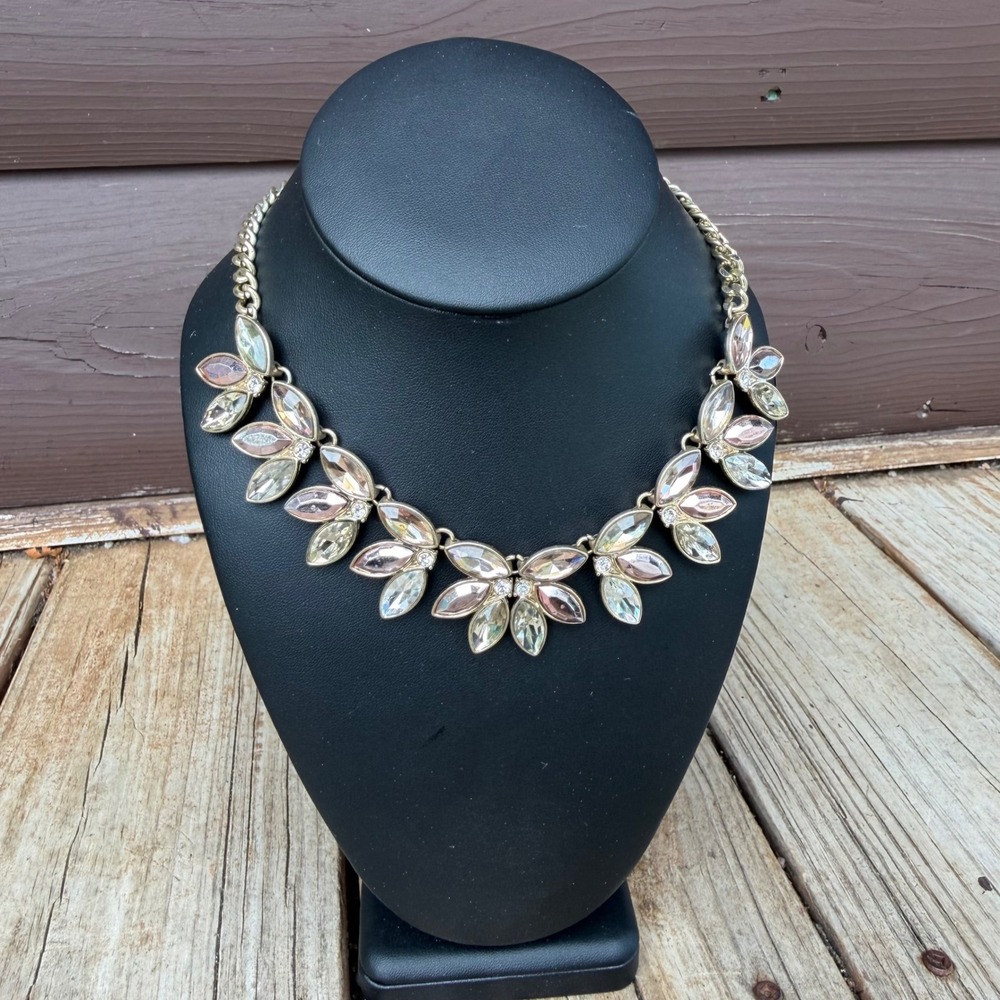 ALDO Gold Tone Pink & Clear Crystal Marquise Cluster Collar Necklace